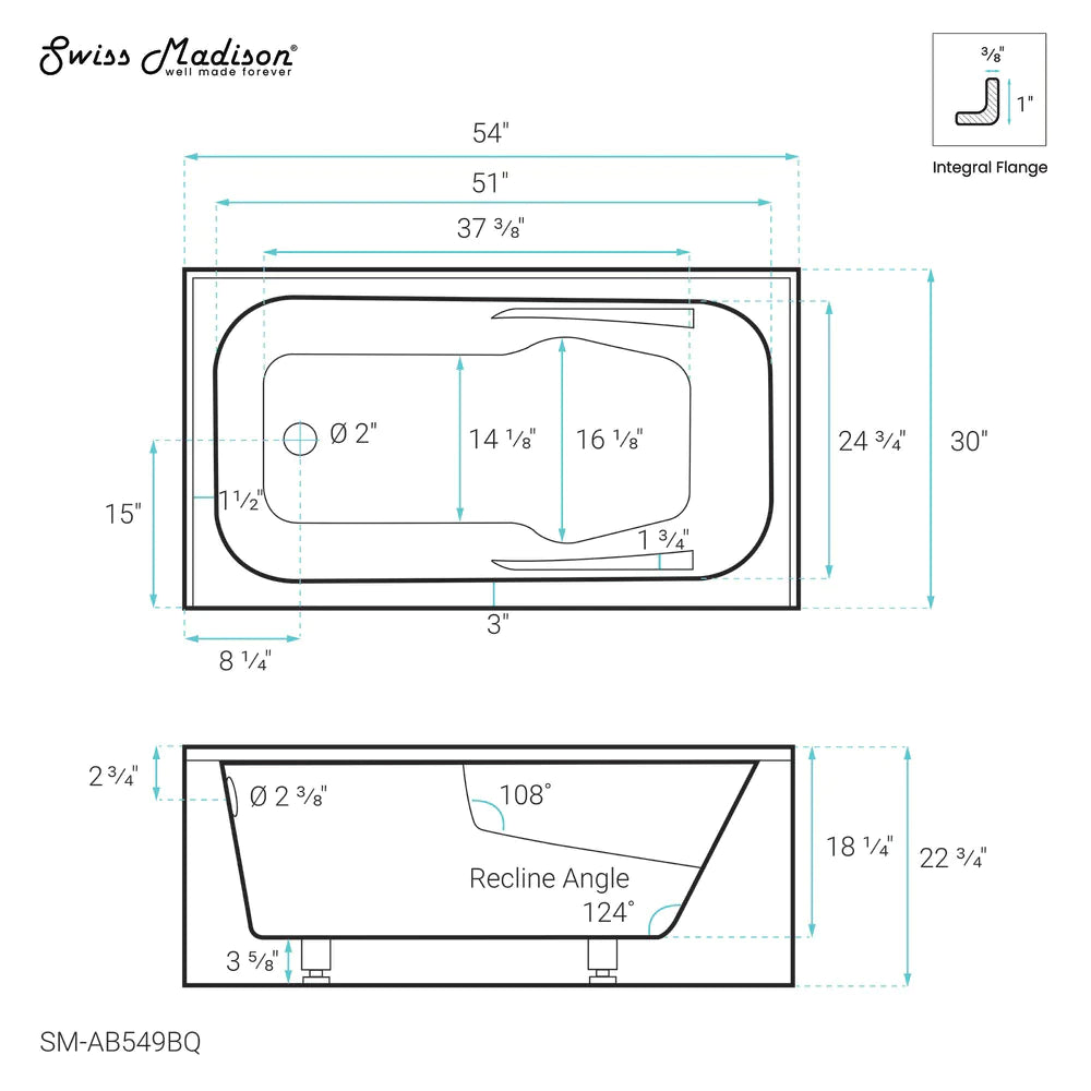 Voltaire 54" X 30" Right-Hand Drain Alcove Bathtub with Apron in Bisque