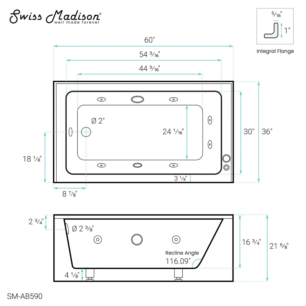 Avancer 60" x 36" Right-Hand Drain Rectangular Alcove Whirlpool Bathtub with Apron