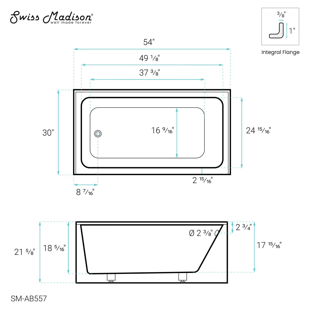 Voltaire 54" X 30" Right-Hand Drain Alcove Bathtub with Apron