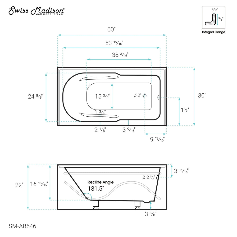 Ivy 60" X 30" Drain Alcove Bathtub with Apron