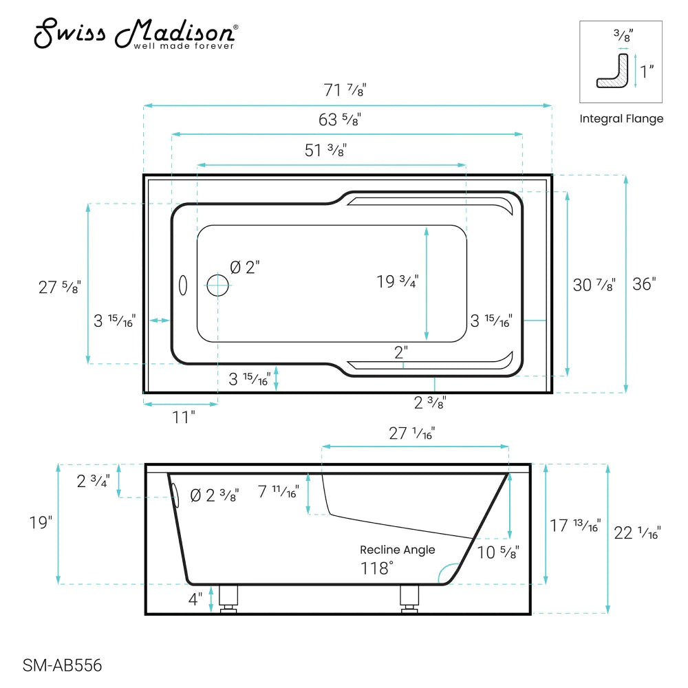 Voltaire 72" x 36" Right-Hand Drain Alcove Bathtub with Apron