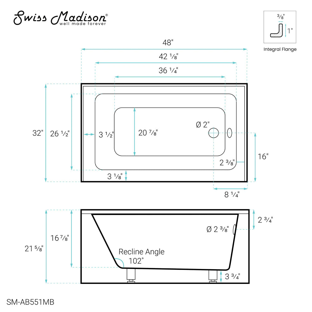 Voltaire 48" X 32" Right-Hand Drain Alcove Bathtub with Apron in Matte Black