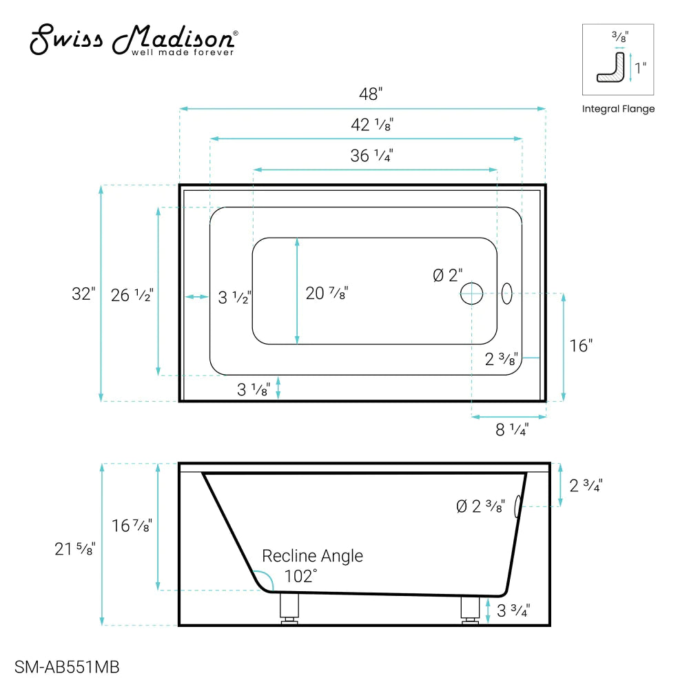 Voltaire 48" X 32" Left-Hand Drain Alcove Bathtub with Apron in Matte Black