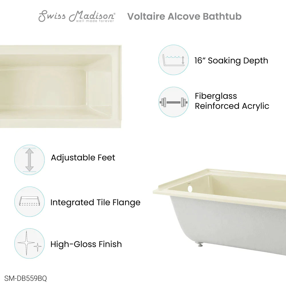 Voltaire 60" X 30" Right-Hand Drain Alcove Bathtub in Bisque