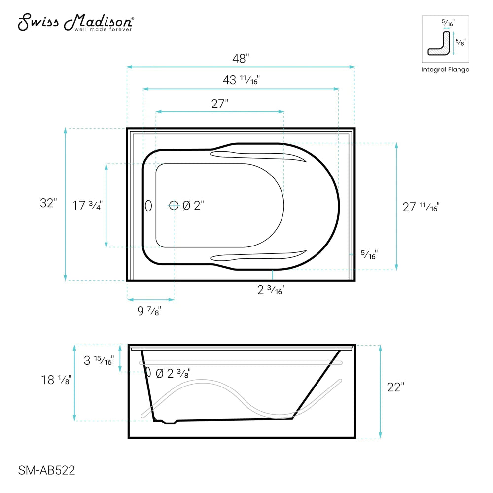 Ivy 48'' x 32" Bathtub with Apron Right Hand Drain in White