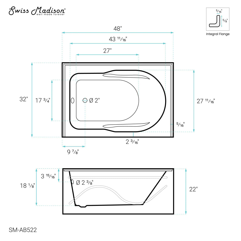 Ivy 48'' x 32" Bathtub with Apron Right Hand Drain in White