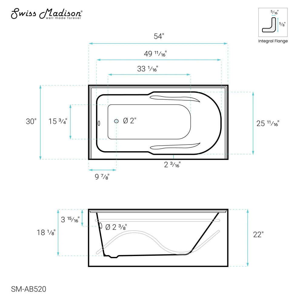Ivy 54'' x 30 Bathtub with Apron Right Hand Drain in White