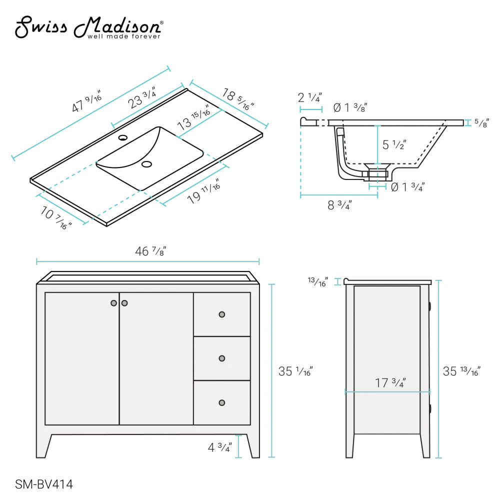 Cannes 48 Single, Two Doors, Three Drawers, Bathroom Vanity