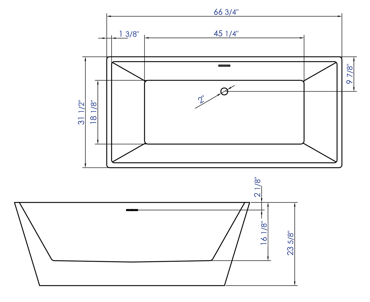 ALFI brand AB8832 67 Inch White Rectangular Acrylic Free Standing Soaking Bathtub
