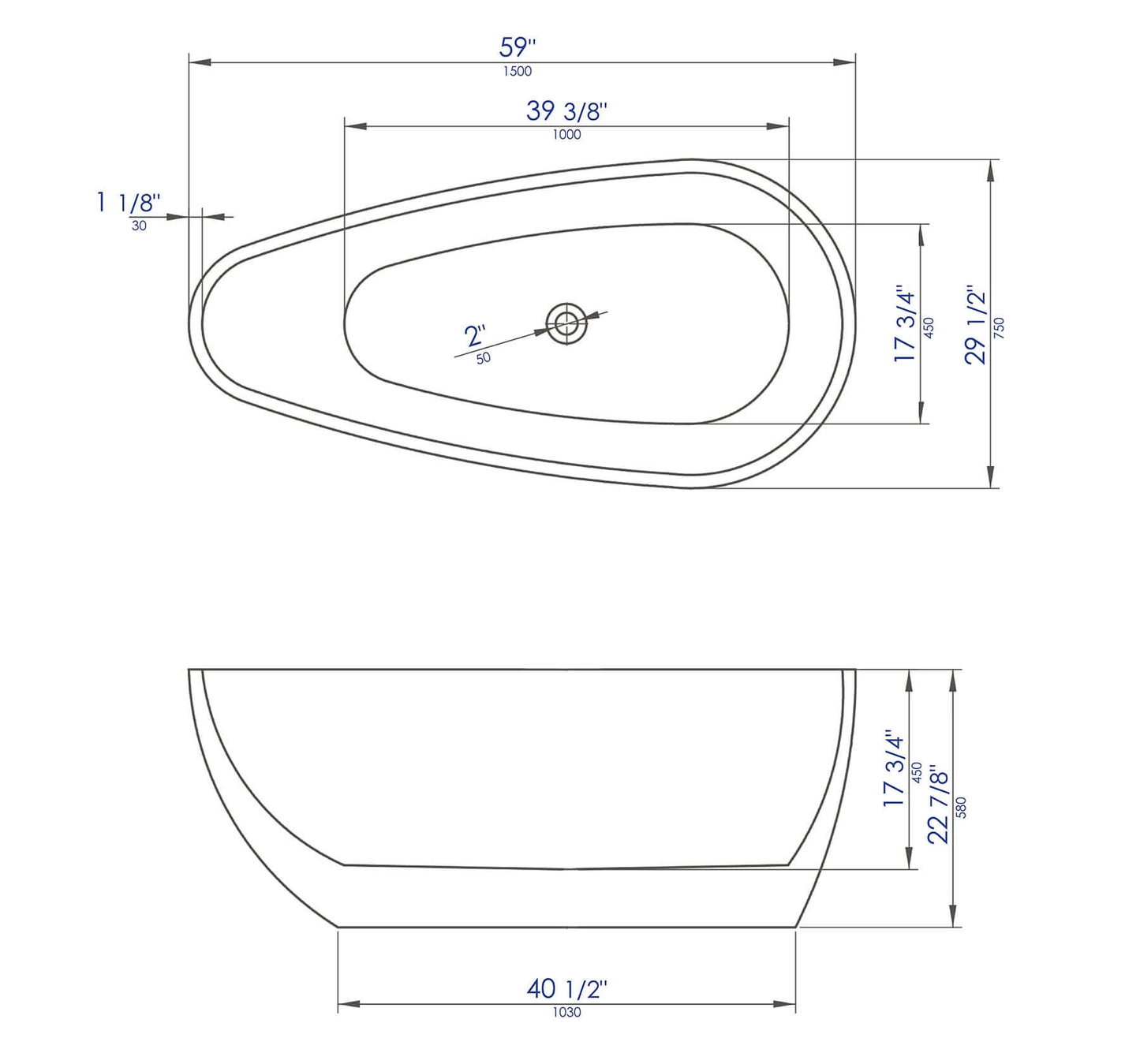 ALFI brand AB8862 59 Inch Black & White Oval Free Standing Soaking Bathtub