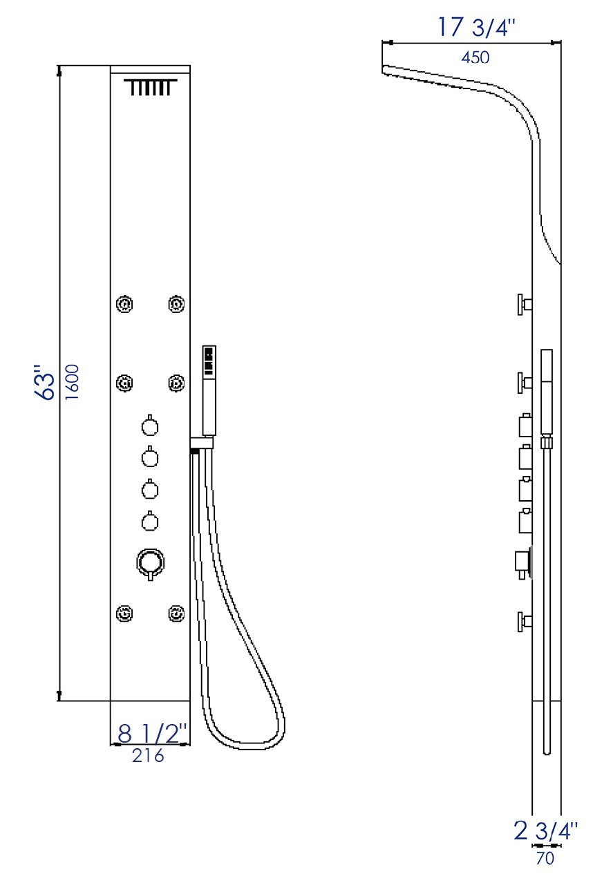 ALFI brand ABSP65B Black Aluminum Shower Panel with 2 Body Sprays and Rain Shower Head