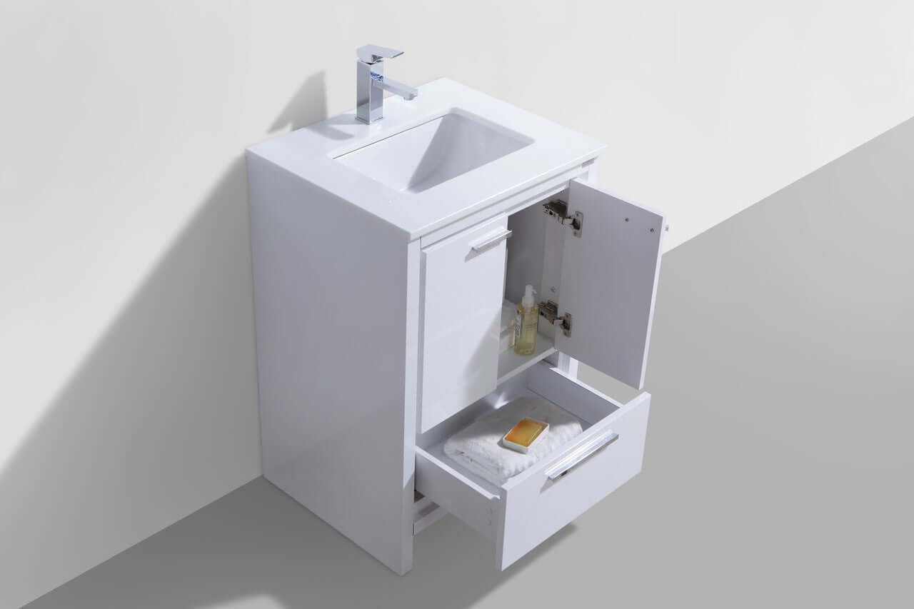 KubeBath Dolce 24″ High Gloss White Modern Bathroom Vanity with White Quartz Counter-Top