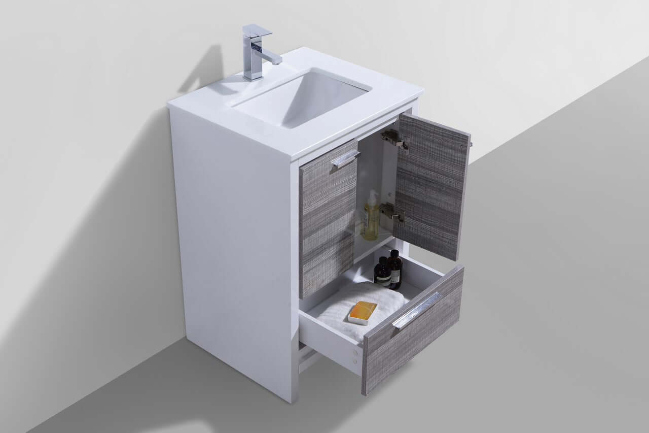 KubeBath Dolce 24″ Ash Gray Modern Bathroom Vanity with White Quartz Counter-Top