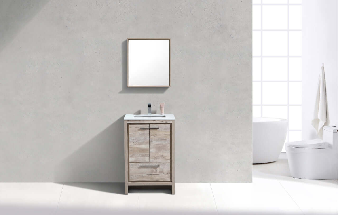 KubeBath Dolce 24″ Nature Wood Modern Bathroom Vanity with White Quartz Counter-Top