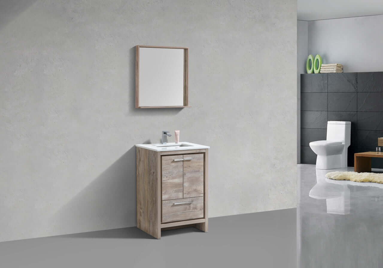KubeBath Dolce 24″ Nature Wood Modern Bathroom Vanity with White Quartz Counter-Top