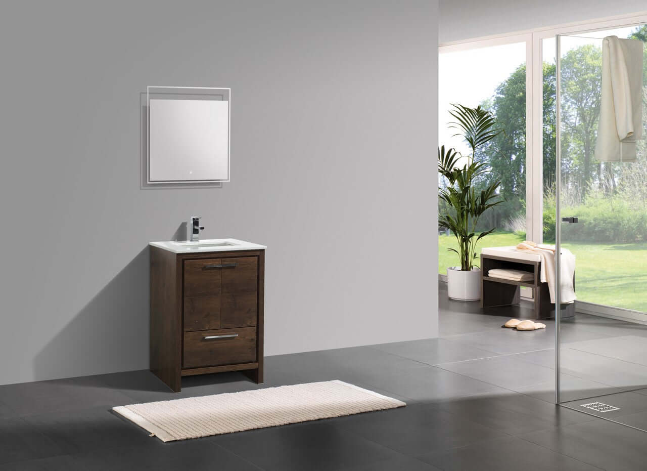 KubeBath Dolce 24″ Rose Wood Modern Bathroom Vanity with White Quartz Counter-Top