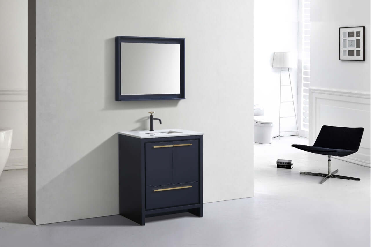 KubeBath Dolce 30″ Blue Modern Bathroom Vanity with White Quartz Counter-Top