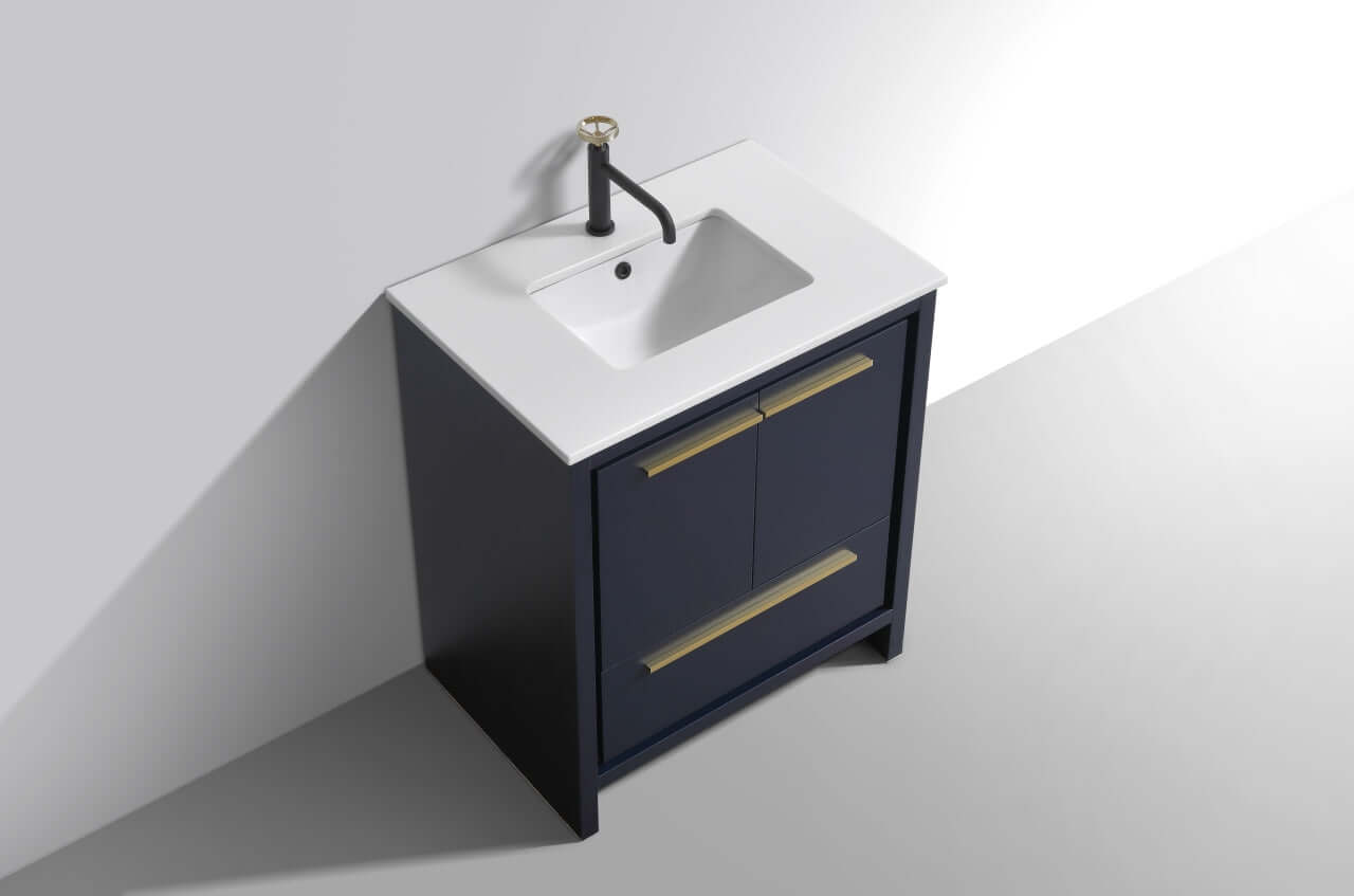 KubeBath Dolce 30″ Blue Modern Bathroom Vanity with White Quartz Counter-Top