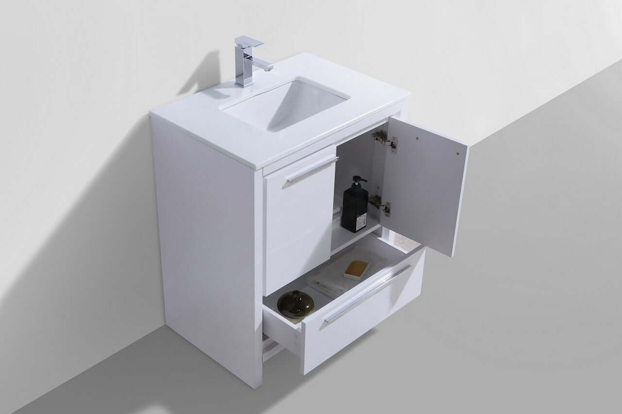KubeBath Dolce 30″ High Gloss White Modern Bathroom Vanity with White Quartz Counter-Top