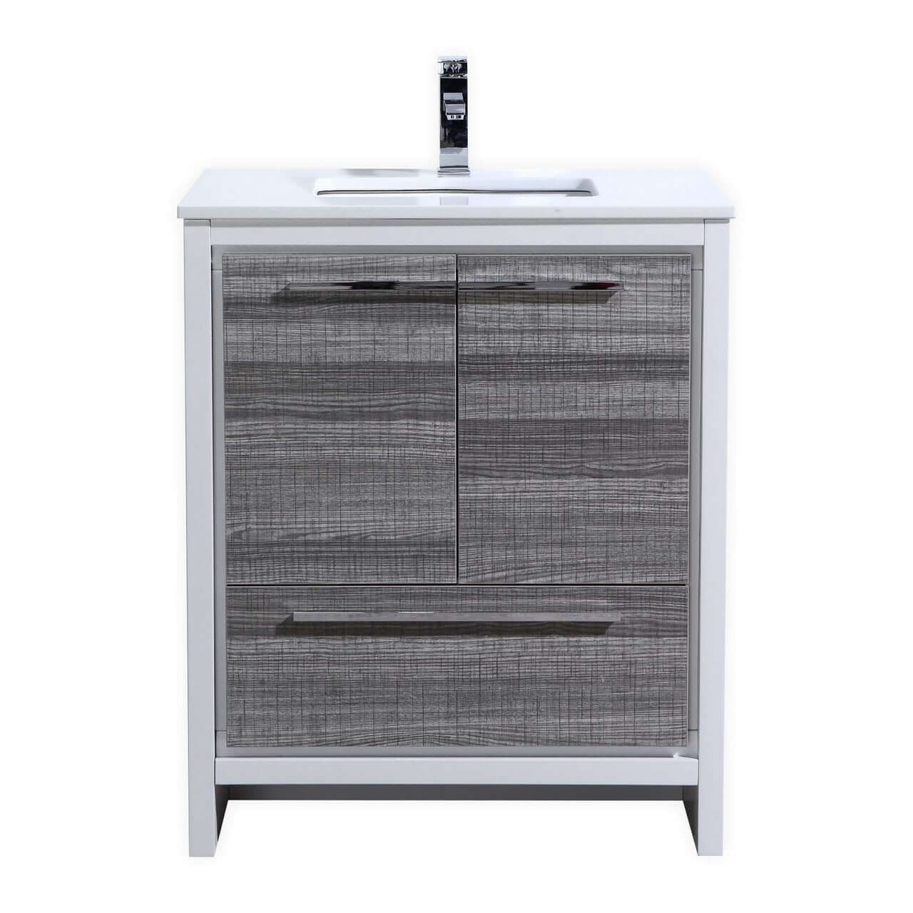 KubeBath Dolce 30″ Ash Gray Modern Bathroom Vanity with White Quartz Counter-Top