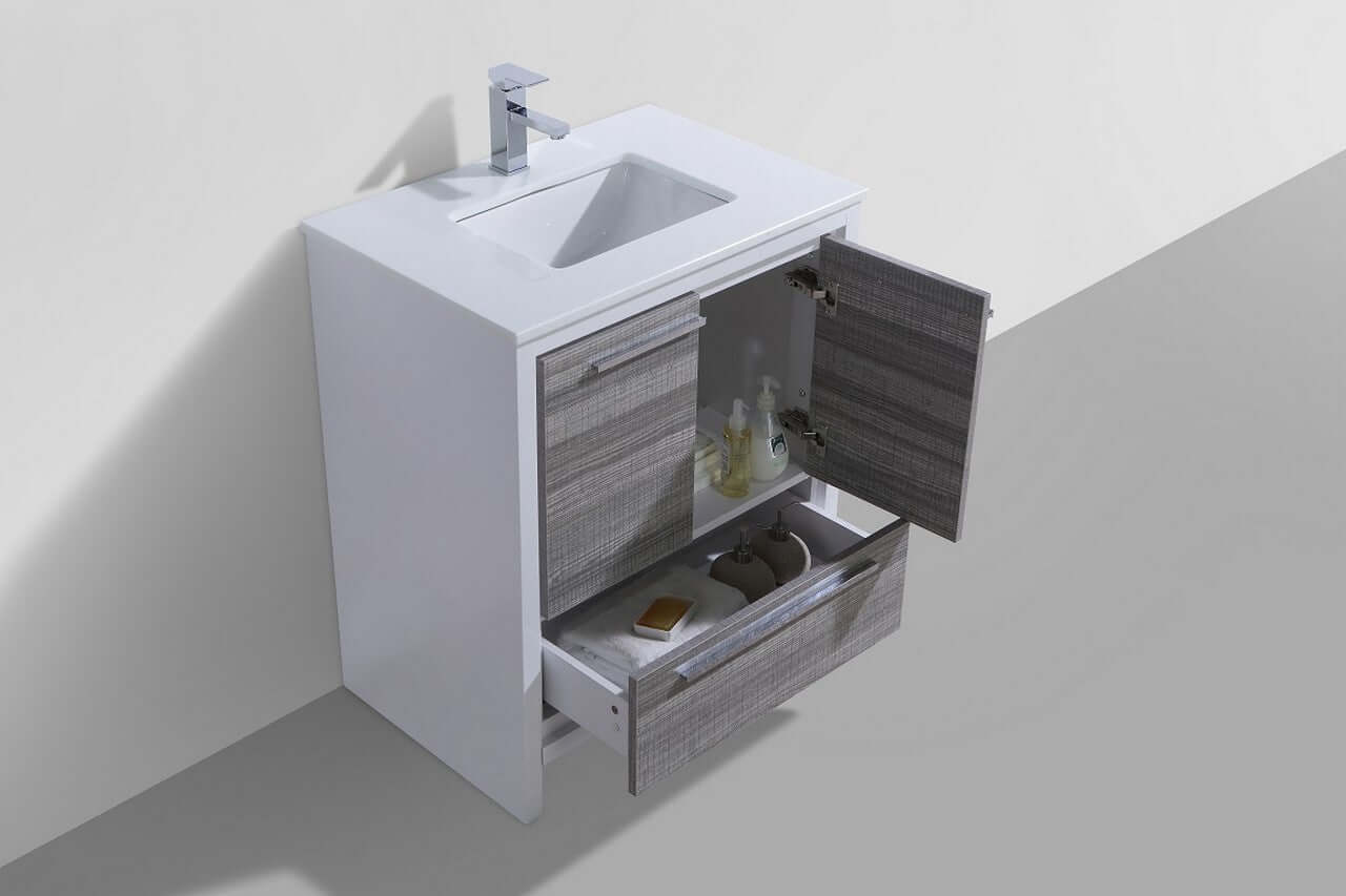 KubeBath Dolce 30″ Ash Gray Modern Bathroom Vanity with White Quartz Counter-Top