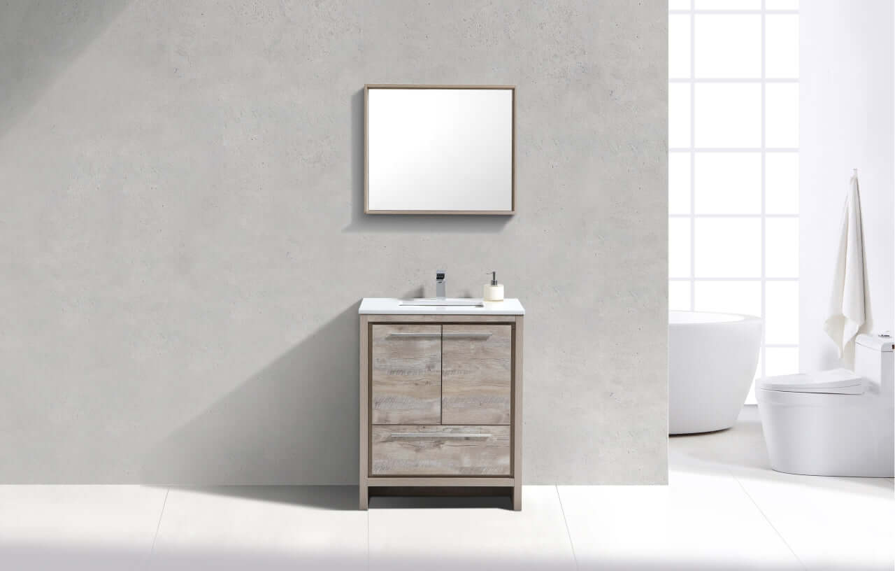 KubeBath Dolce 30″ Nature Wood Modern Bathroom Vanity with White Quartz Counter-Top