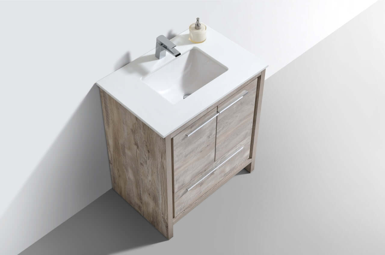 KubeBath Dolce 30″ Nature Wood Modern Bathroom Vanity with White Quartz Counter-Top