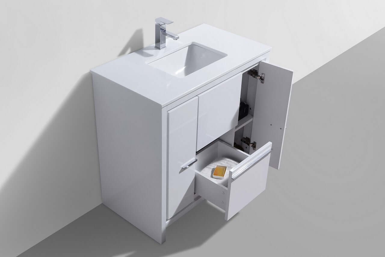 KubeBath Dolce 36″ High Gloss White Modern Bathroom Vanity with White Quartz Counter-Top