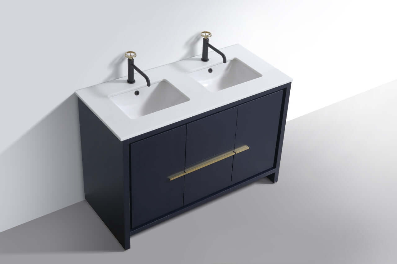 KubeBath Dolce 48″ Double Sink Blue Modern Bathroom Vanity with White Quartz Counter-Top