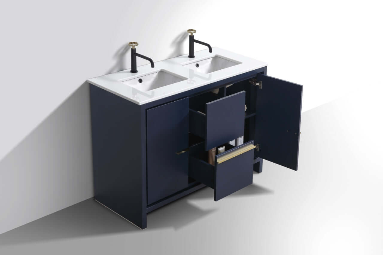 KubeBath Dolce 48″ Double Sink Blue Modern Bathroom Vanity with White Quartz Counter-Top