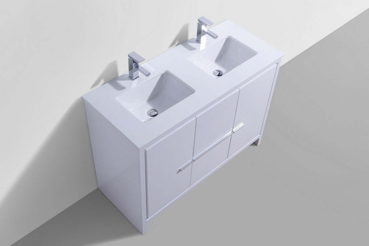 KubeBath Dolce 48″ Double Sink High Gloss White Modern Bathroom Vanity with White Quartz Counter-Top
