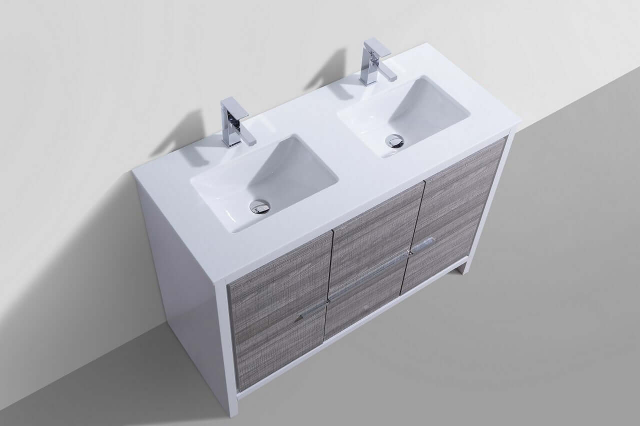KubeBath Dolce 48″ Double Sink Ash Gray Modern Bathroom Vanity with White Quartz Counter-Top
