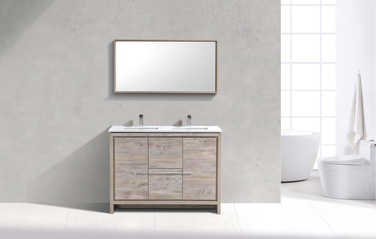 KubeBath Dolce 48″ Double Sink Nature Wood Modern Bathroom Vanity with White Quartz Counter-Top