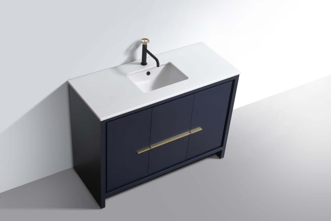 KubeBath Dolce 48″ Blue Modern Bathroom Vanity with White Quartz Counter-Top