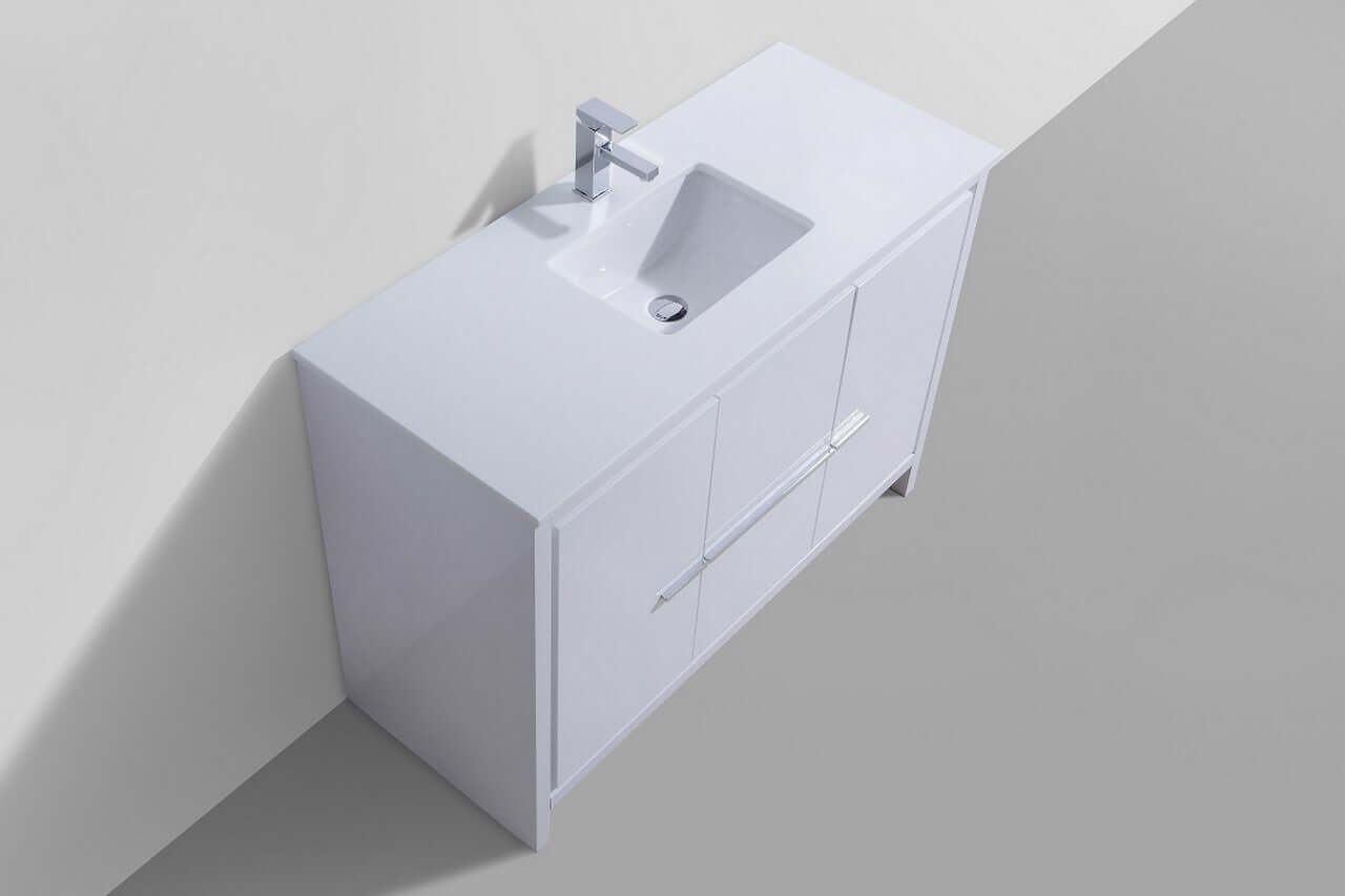 KubeBath Dolce 48″ High Gloss White Modern Bathroom Vanity with White Quartz Counter-Top