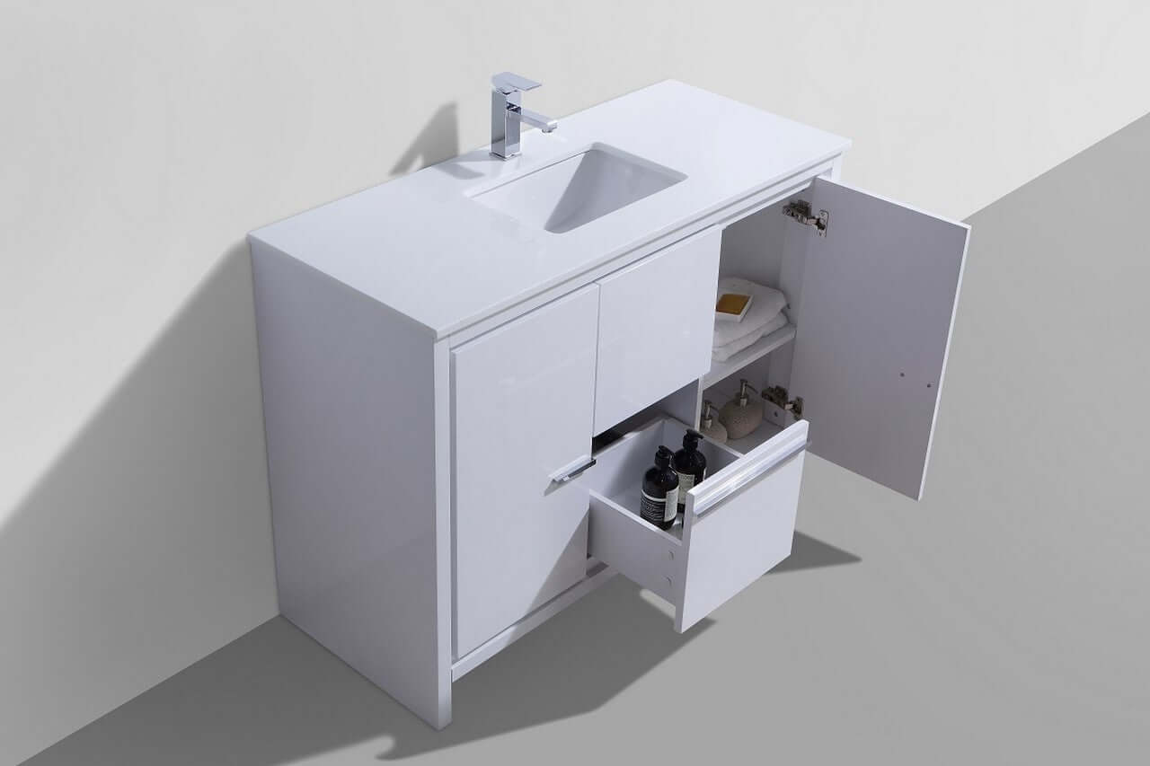 KubeBath Dolce 48″ High Gloss White Modern Bathroom Vanity with White Quartz Counter-Top