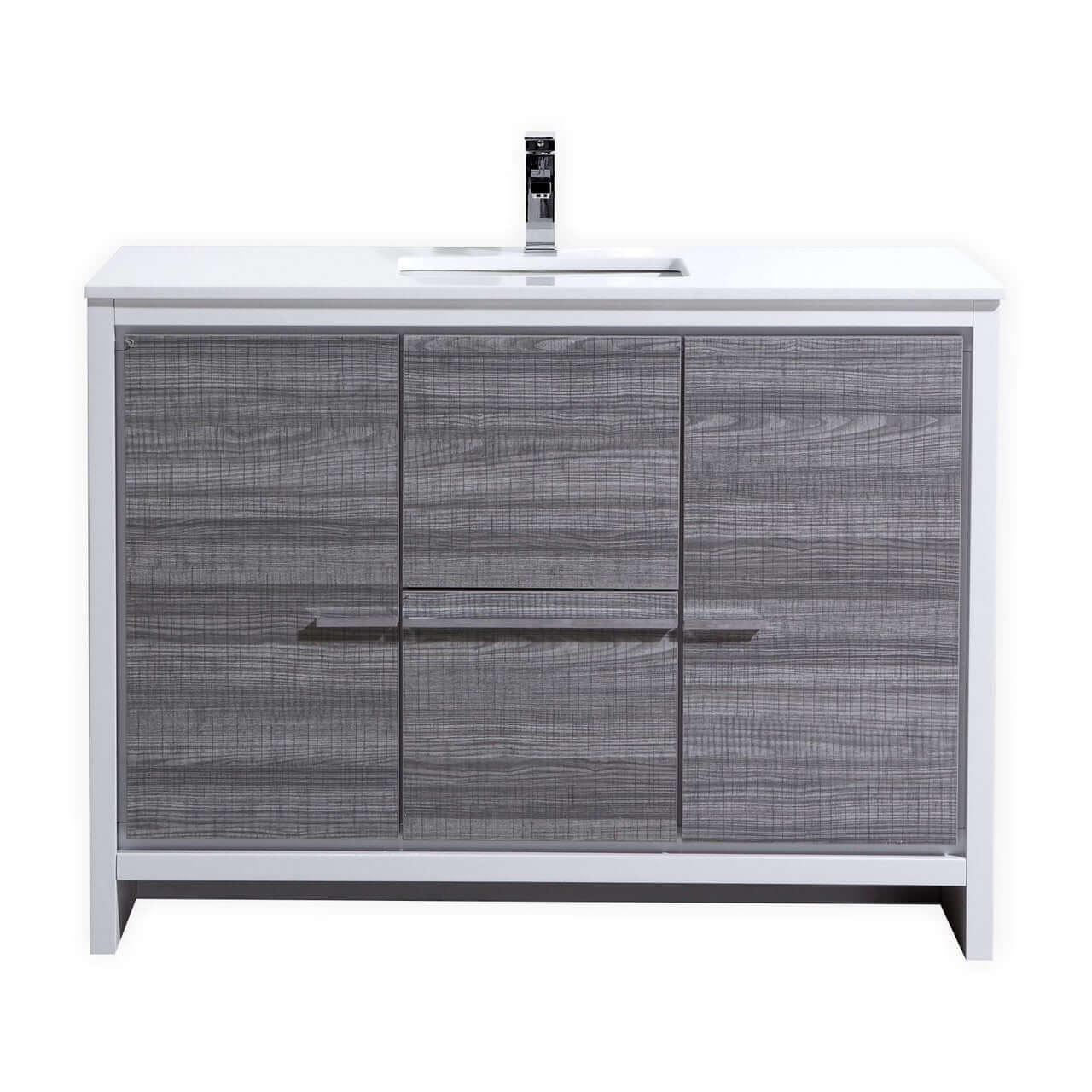 KubeBath Dolce 48″ Ash Gray Modern Bathroom Vanity with White Quartz Counter-Top