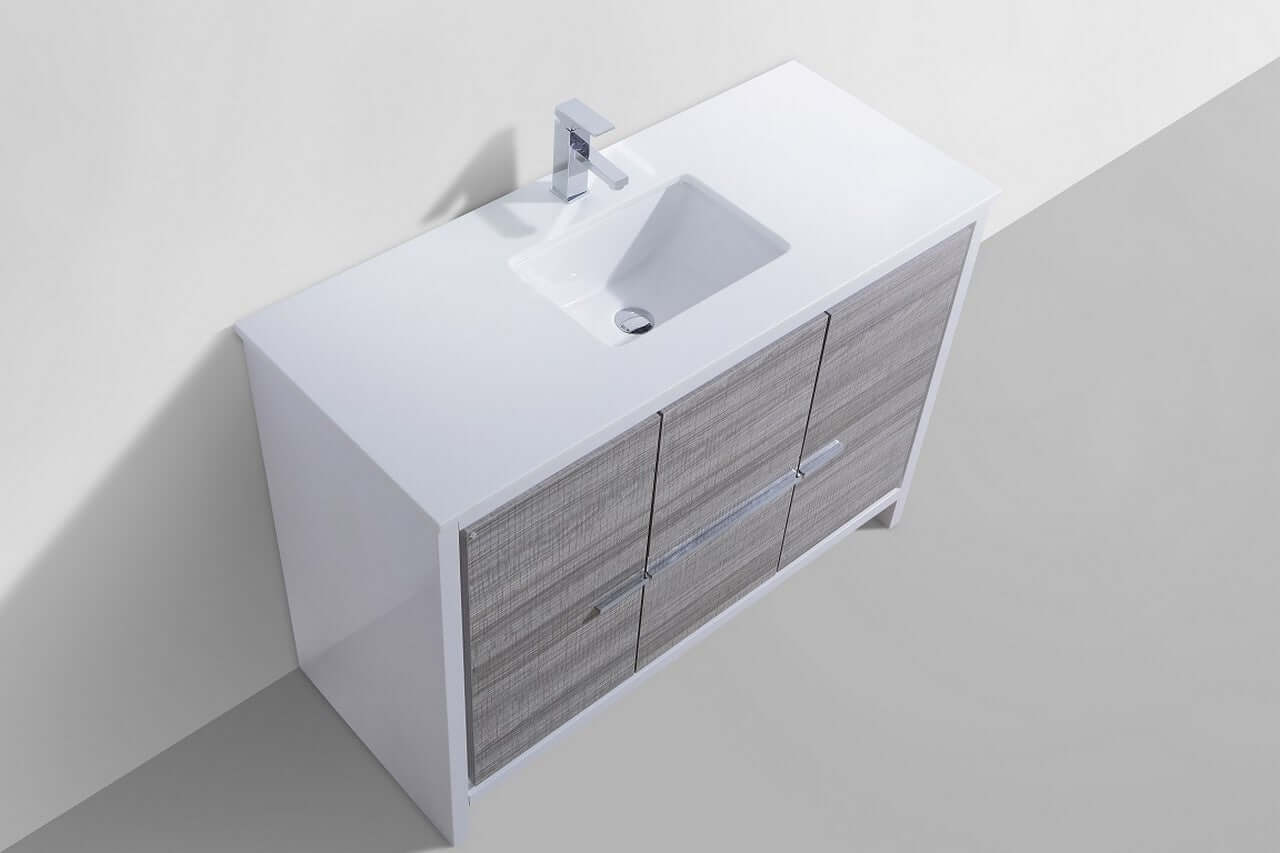 KubeBath Dolce 48″ Ash Gray Modern Bathroom Vanity with White Quartz Counter-Top