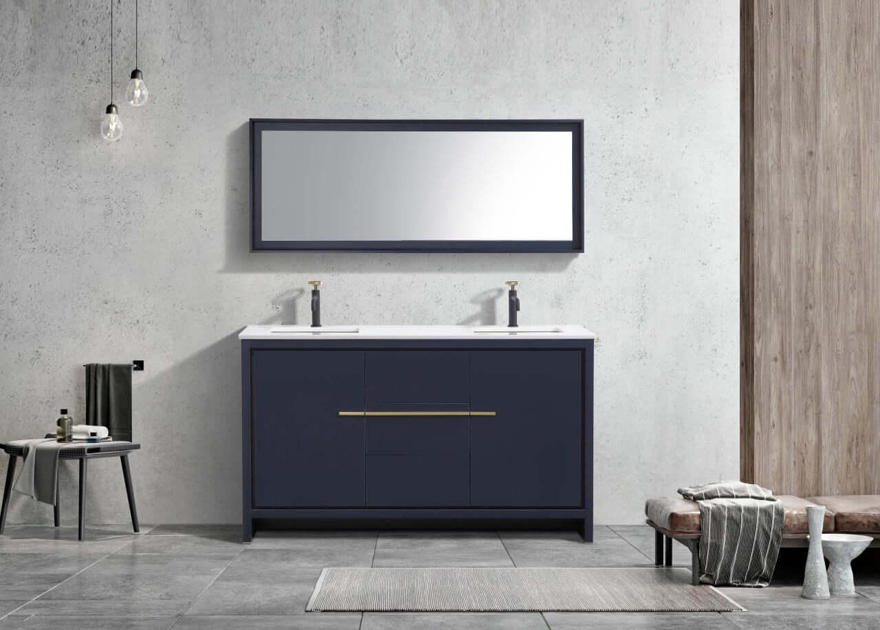 KubeBath Dolce 60″ Double Sink Blue Modern Bathroom Vanity with White Quartz Counter-Top