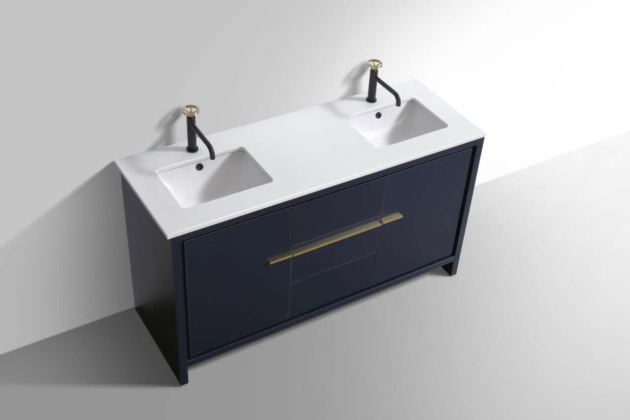 KubeBath Dolce 60″ Double Sink Blue Modern Bathroom Vanity with White Quartz Counter-Top