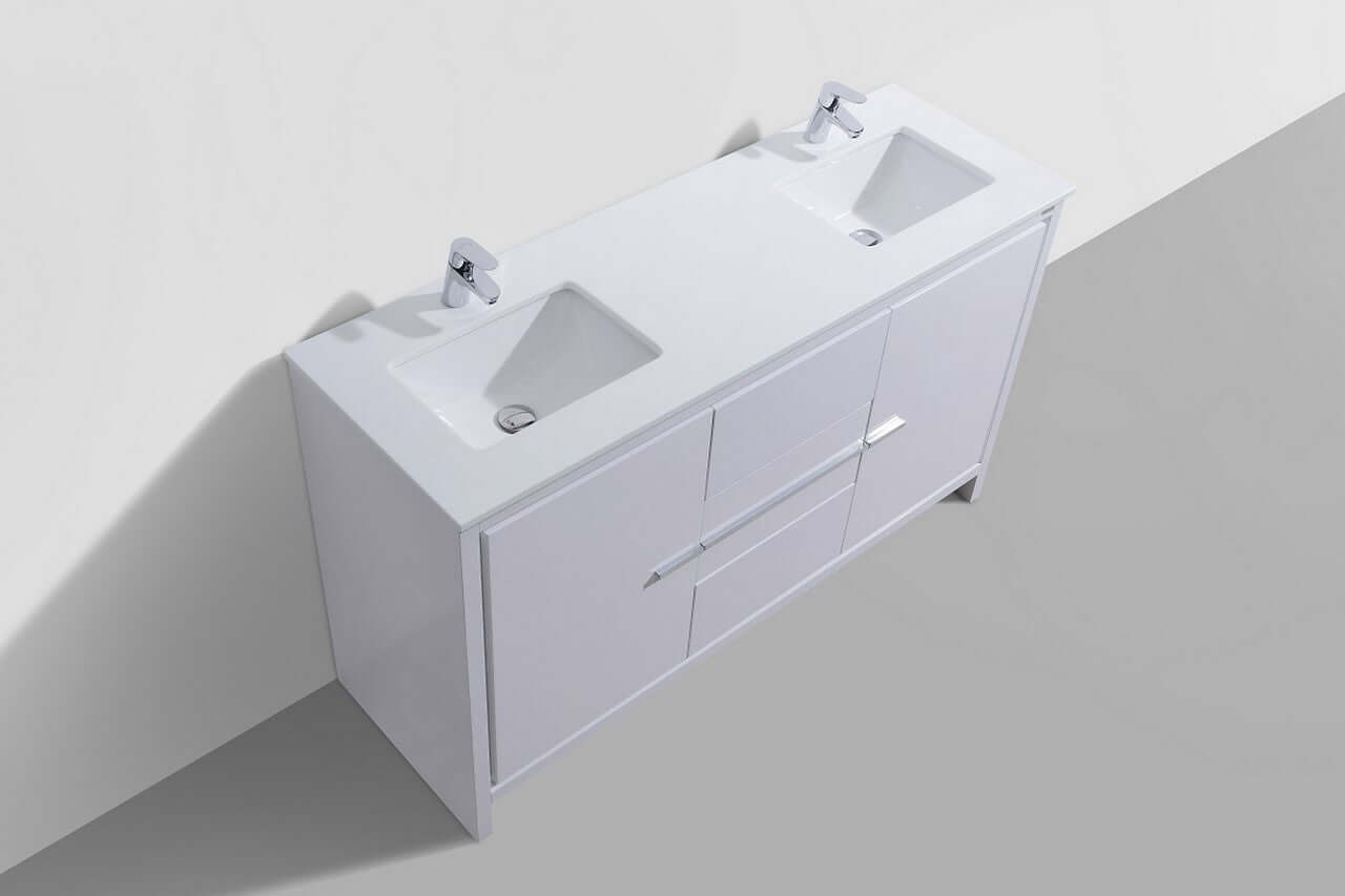 KubeBath Dolce 60″ Double Sink High Gloss White Modern Bathroom Vanity with White Quartz Counter-Top