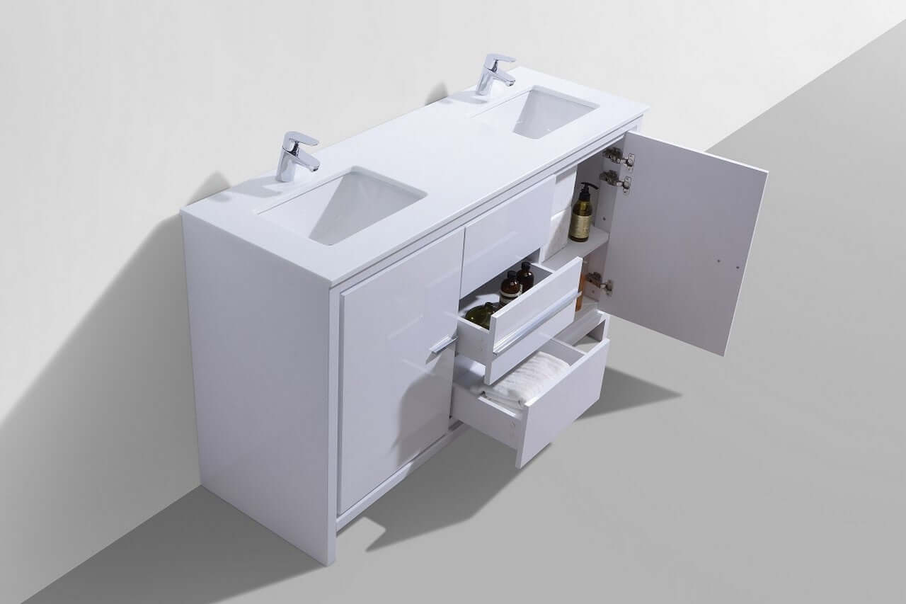 KubeBath Dolce 60″ Double Sink High Gloss White Modern Bathroom Vanity with White Quartz Counter-Top