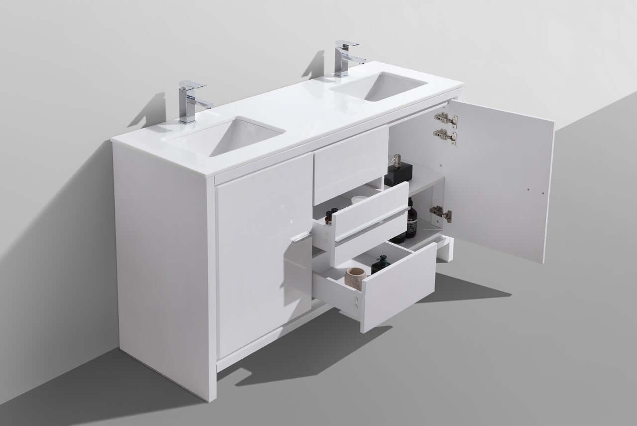 KubeBath Dolce 60″ Double Sink High Gloss White Modern Bathroom Vanity with White Quartz Counter-Top