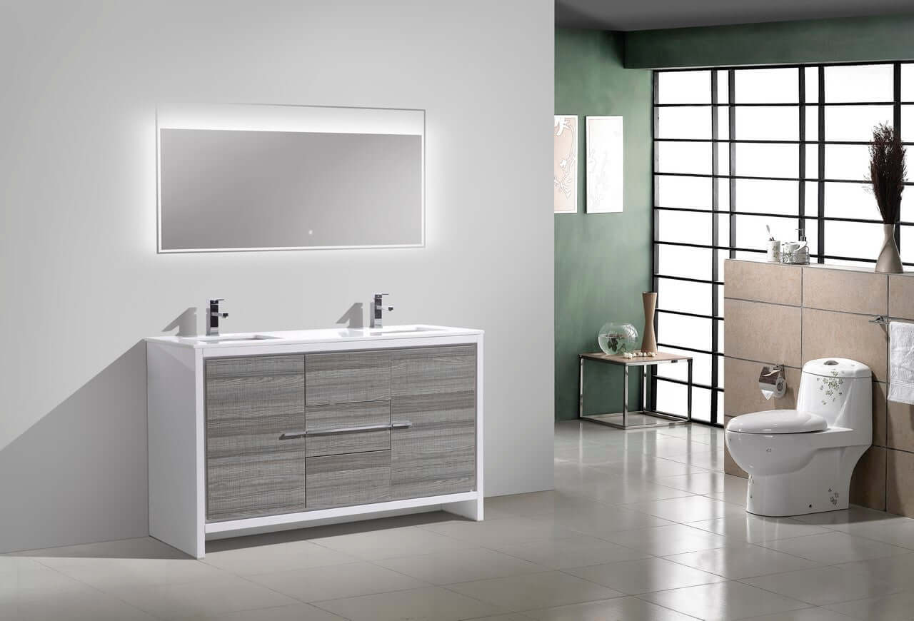 KubeBath Dolce 60″ Double Sink Ash Gray Modern Bathroom Vanity with White Quartz Counter-Top