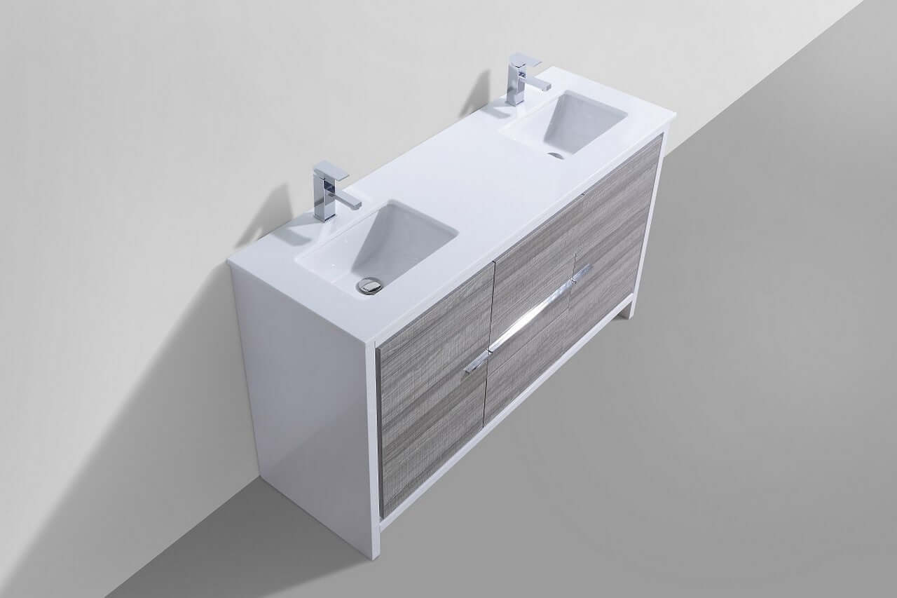 KubeBath Dolce 60″ Double Sink Ash Gray Modern Bathroom Vanity with White Quartz Counter-Top