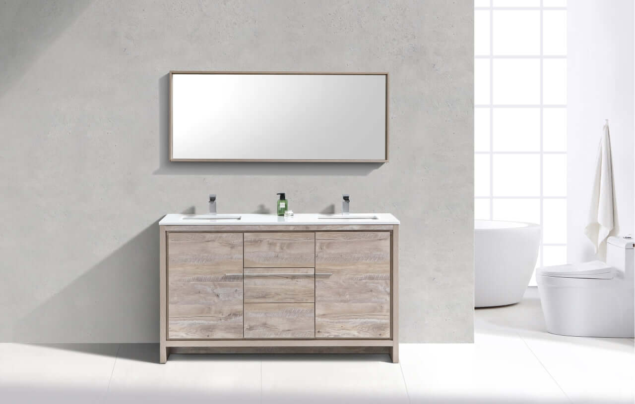 KubeBath Dolce 60″ Double Sink Nature Wood Modern Bathroom Vanity with White Quartz Counter-Top