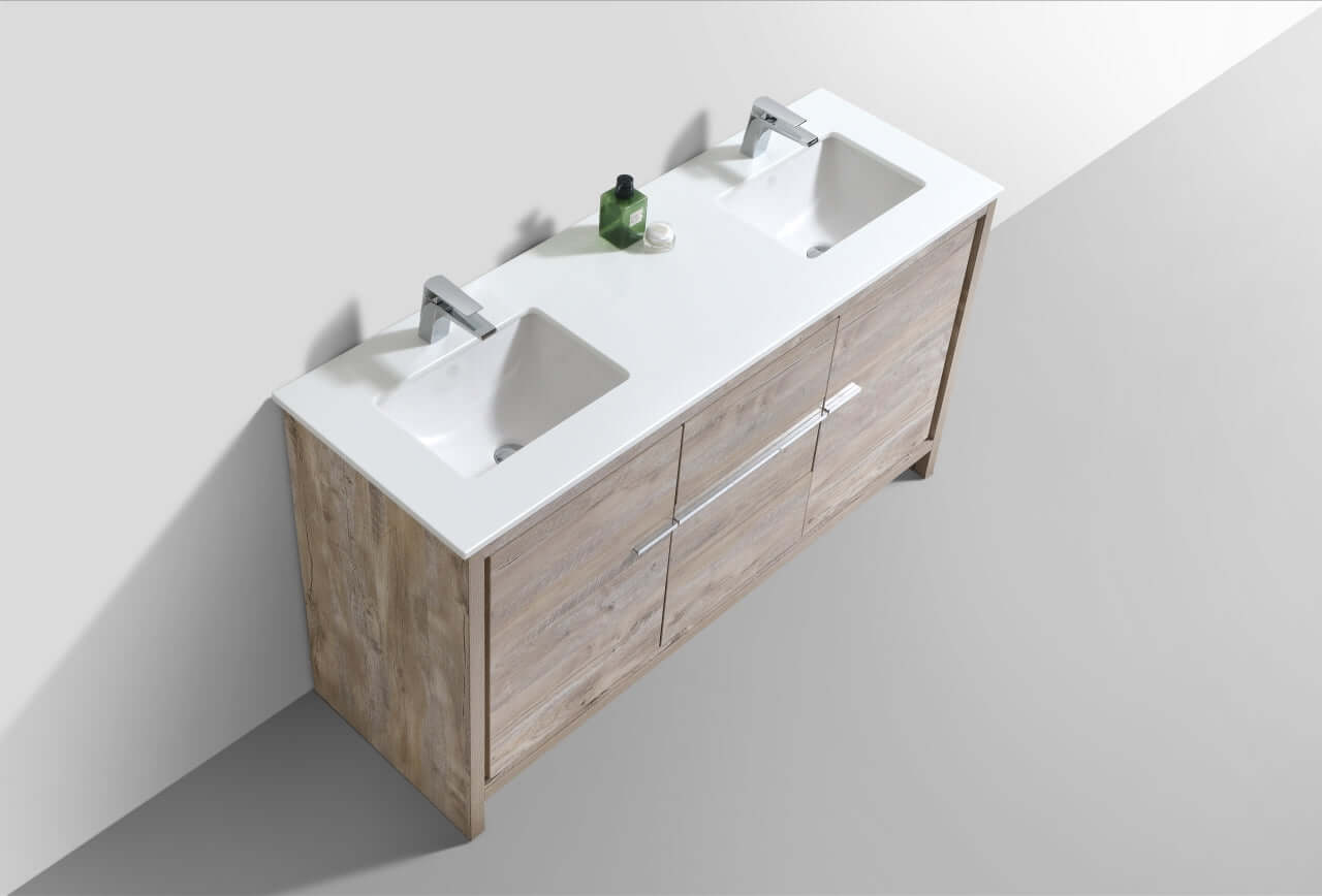 KubeBath Dolce 60″ Double Sink Nature Wood Modern Bathroom Vanity with White Quartz Counter-Top