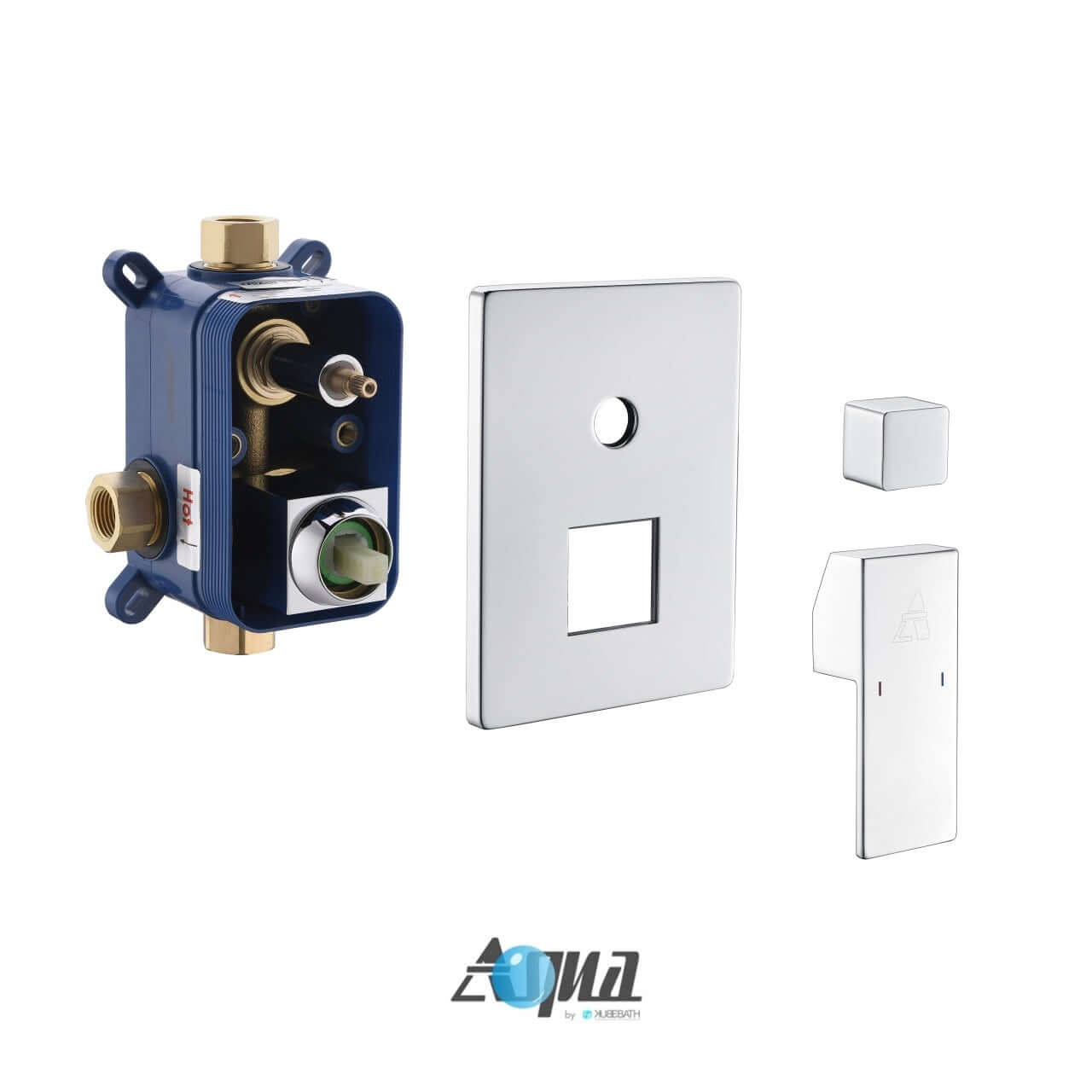 Aqua Piazza brass shower set components including valve and control panel for 12" square rain shower and 4 body jets