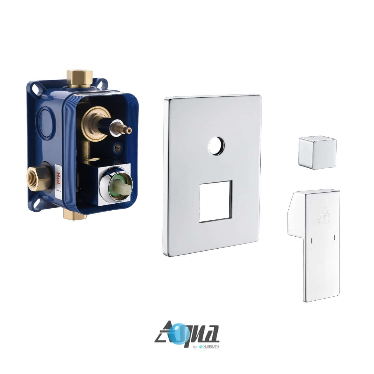 Aqua Piazza brass shower set components including 8" square rain shower, 4 body jets, and handheld by KubeBath