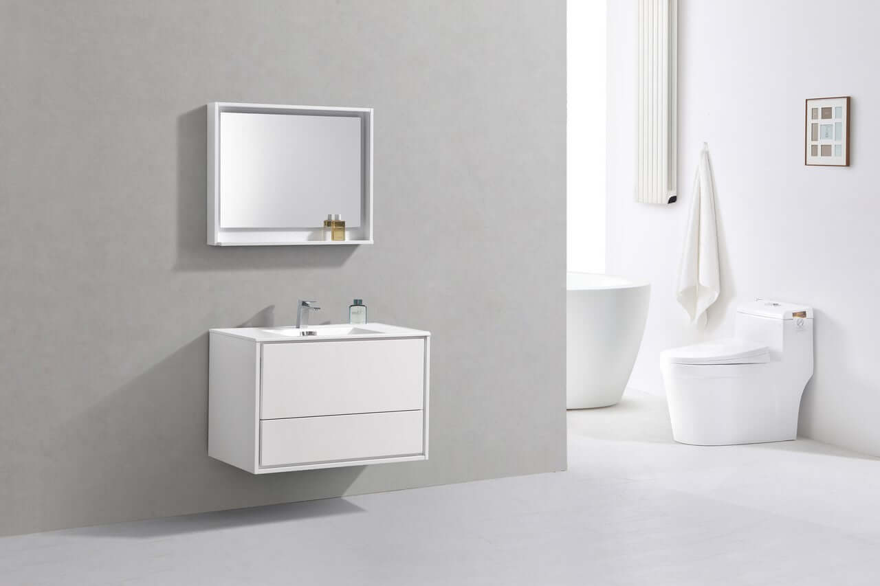 DeLusso 36" High Glossy White Wall Mount Modern Bathroom Vanity
